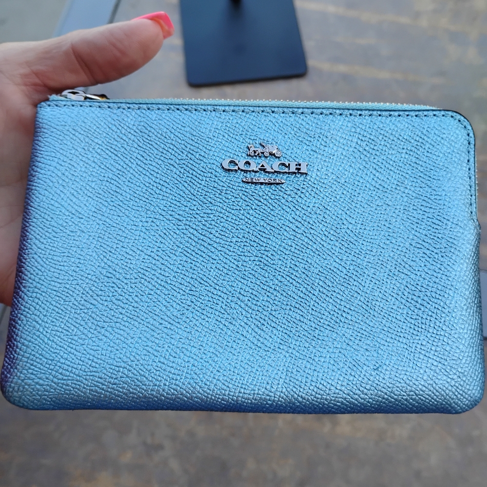 Coach Blue Metallic Leather Zip Wristlet
